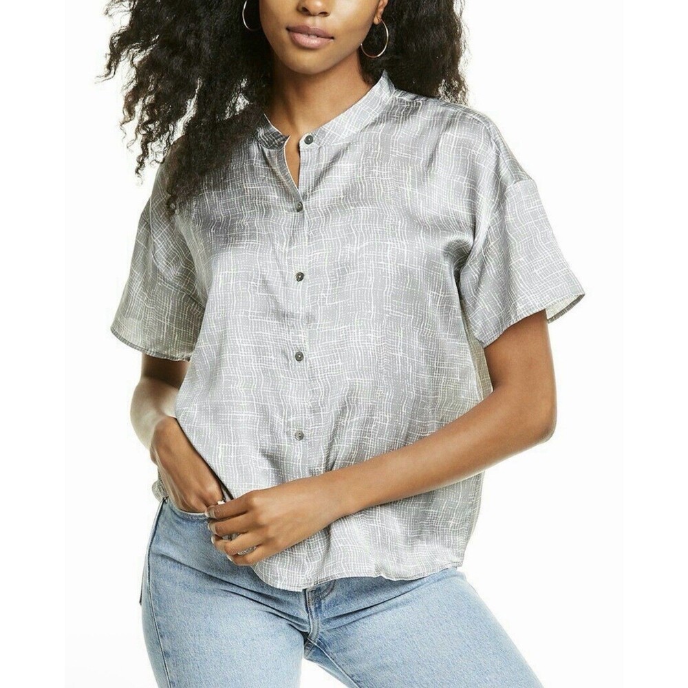 Eileen Fisher Gray Short-Sleeve Button Front Boxy Blouse Large NWOT